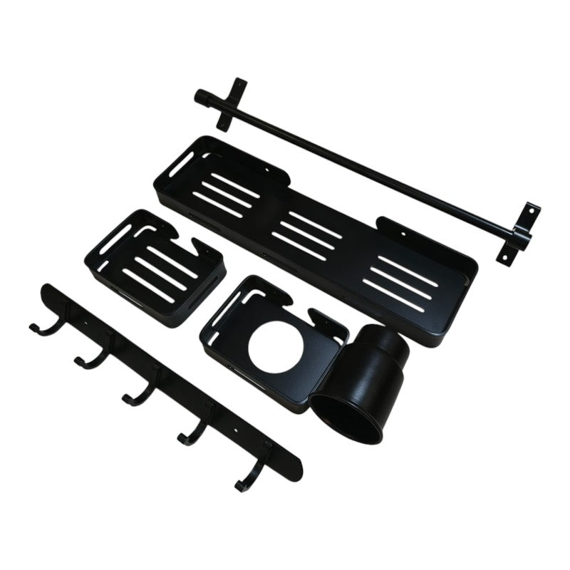 5pcs Aluminium Accessories Set Matt Black | Shelf + Soap Dish + Brush Holder + Towel Rod + Wall Hanger