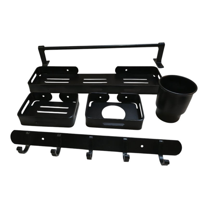 5pcs Aluminium Accessories Set Matt Black | Shelf + Soap Dish + Brush Holder + Towel Rod + Wall Hanger