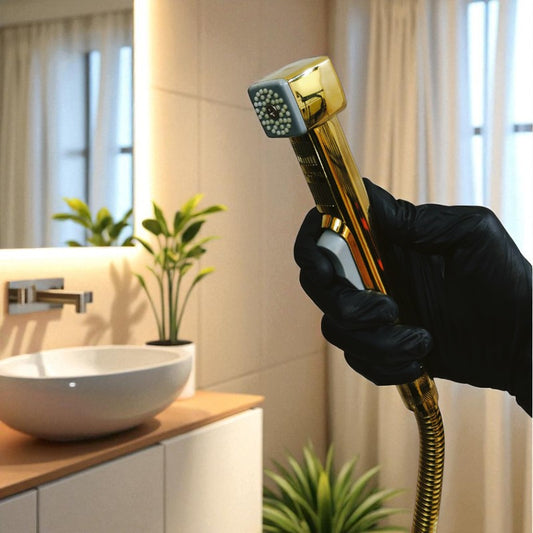Premium Muslim Shower Set 7"inches Head + 1.2 Meter Pipe Shiny Gold | High Water Pressure | Easy Installation | Bathroom and Toilets | ABS Plastic Head + Stainless Steel Pipe