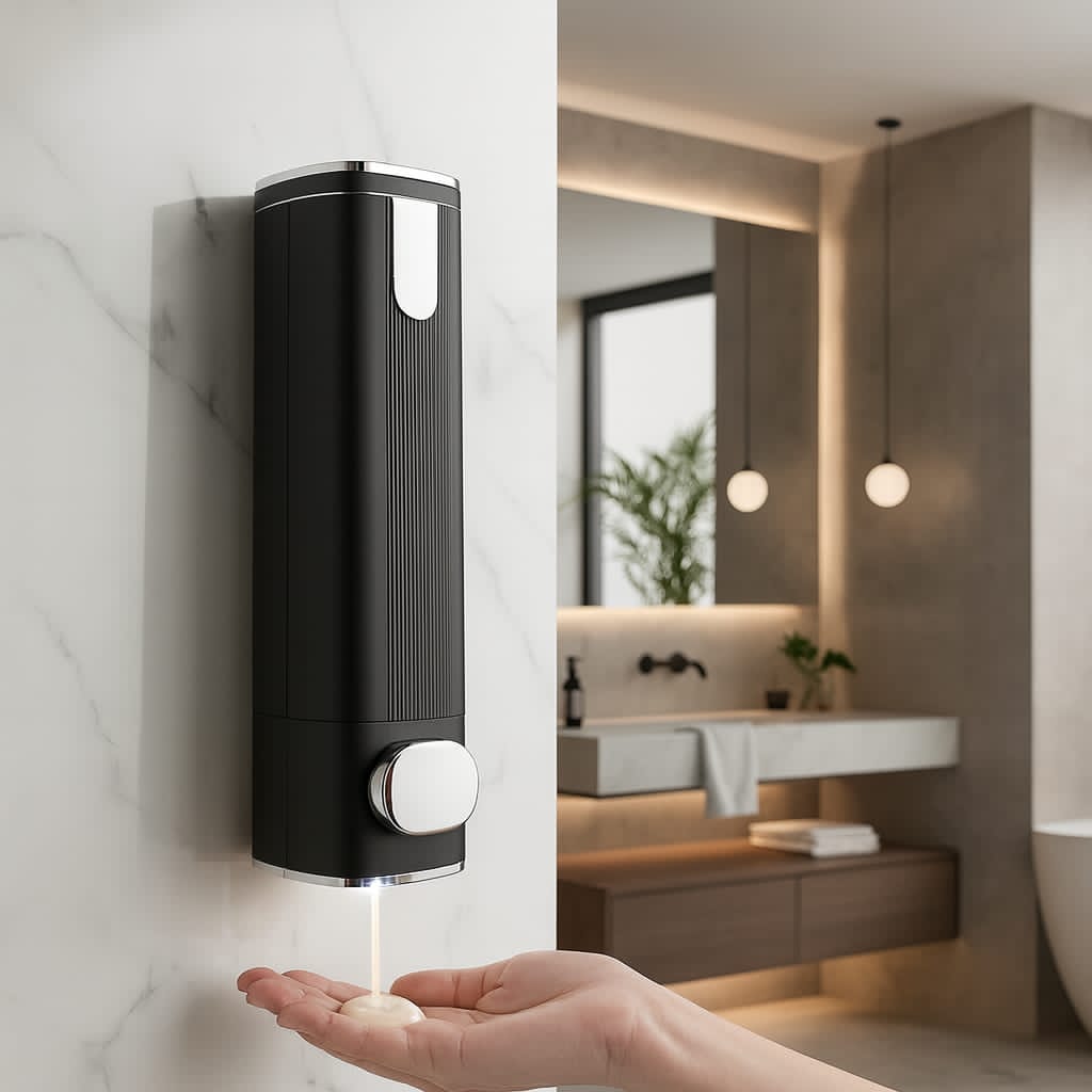 600ml Dispenser in Black/Silver for Liquid Soap, Shampoo, Body Wash or Sanitizer | Made in ABS Plastic | Wall Mounted
