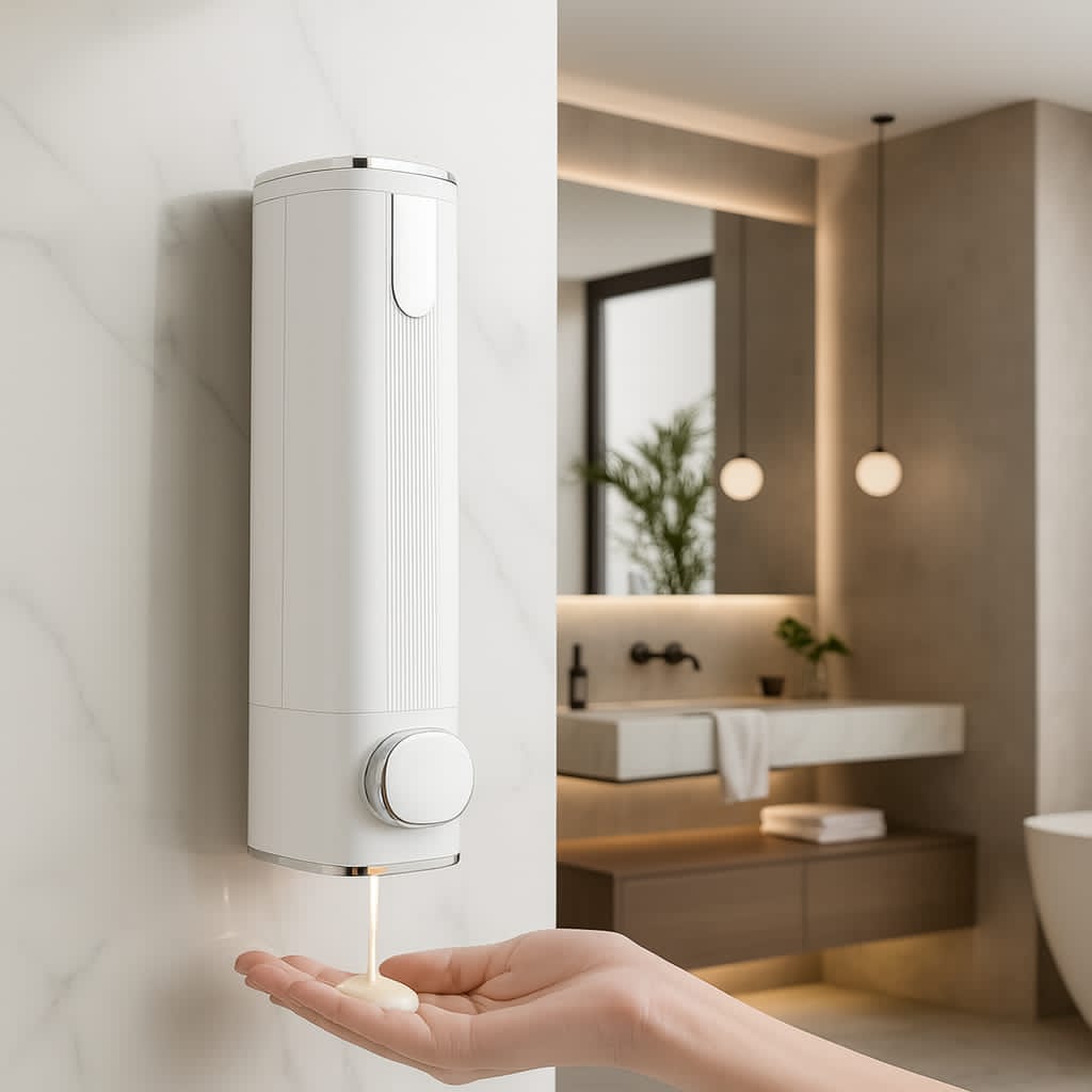 600ml Dispenser in White/Silver for Liquid Soap, Shampoo, Body Wash or Sanitizer | Made in ABS Plastic | Wall Mounted