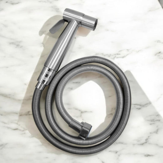 Stainless Steel Muslim Shower Set 5"inches Head + 1 Meter Spring Pipe in Silver | High Water Pressure | Easy Installation | Bathroom and Toilets