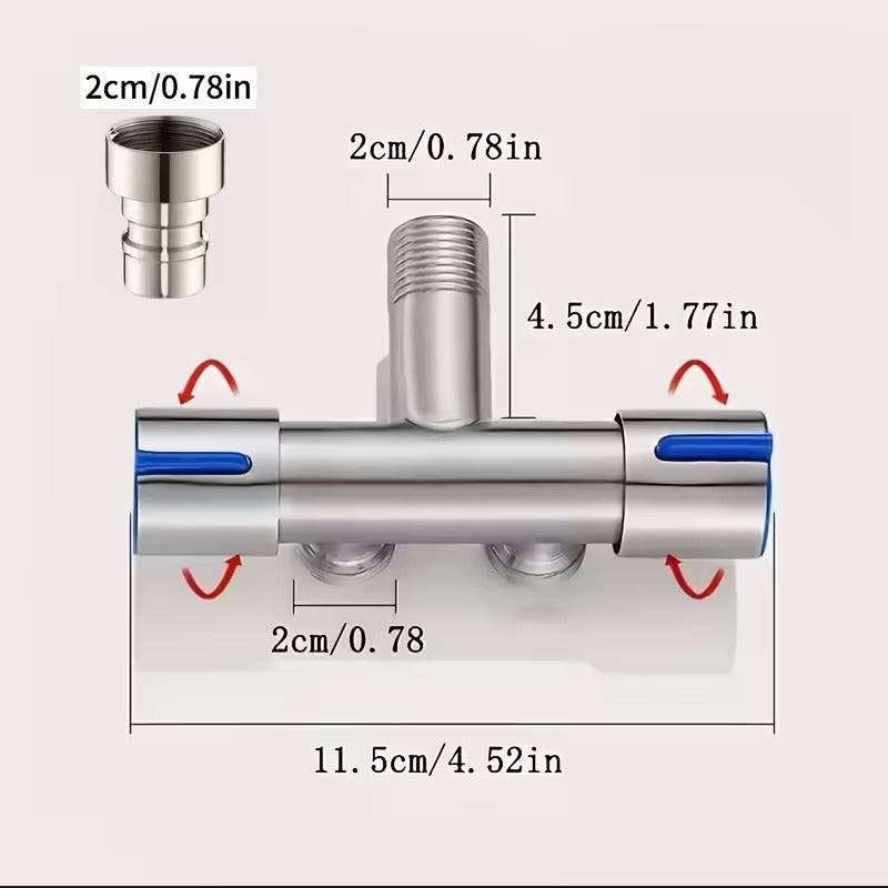 1 in 2 Out T-Cock Valve G1/2" inch Connection in Stainless Steel with Independent Outlet Control on Sides for Bathrooms or Wash Areas