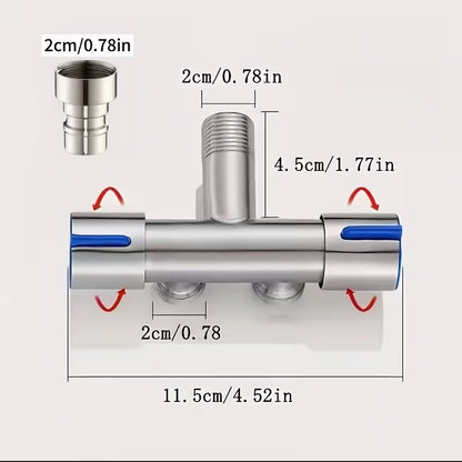 1 in 2 Out T-Cock Valve G1/2" inch Connection in Stainless Steel with Independent Outlet Control on Sides for Bathrooms or Wash Areas