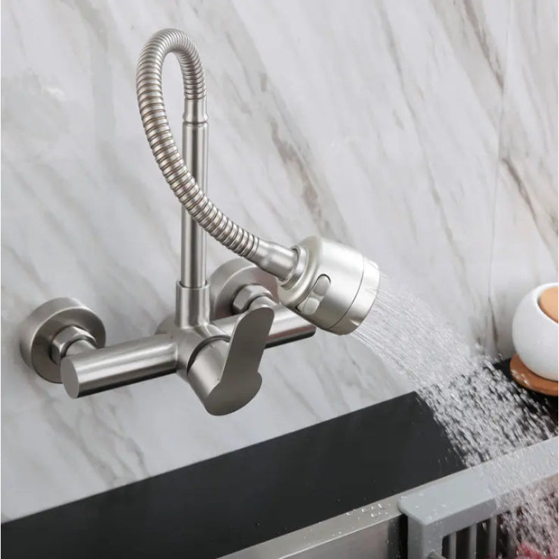 Premium 12" inches Long Neck Stainless Steel Kitchen Faucet | Hot and Cold Mixer | Wall Mount | 360° Moveable