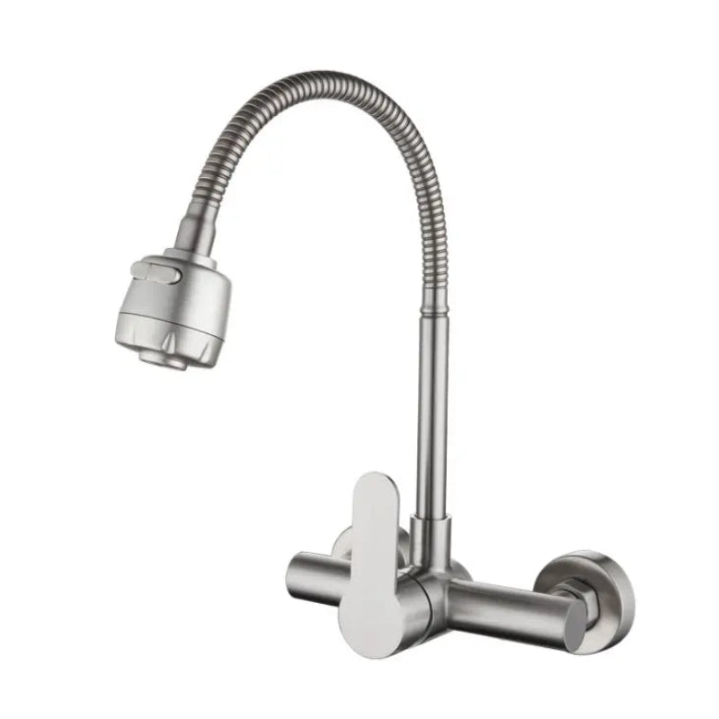 Premium 12" inches Long Neck Stainless Steel Kitchen Faucet | Hot and Cold Mixer | Wall Mount | 360° Moveable