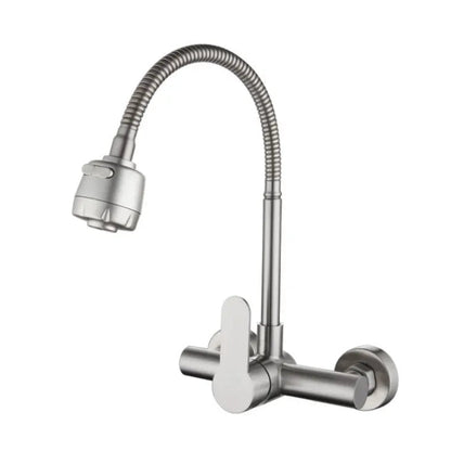 Premium 12" inches Long Neck Stainless Steel Kitchen Faucet | Hot and Cold Mixer | Wall Mount | 360° Moveable