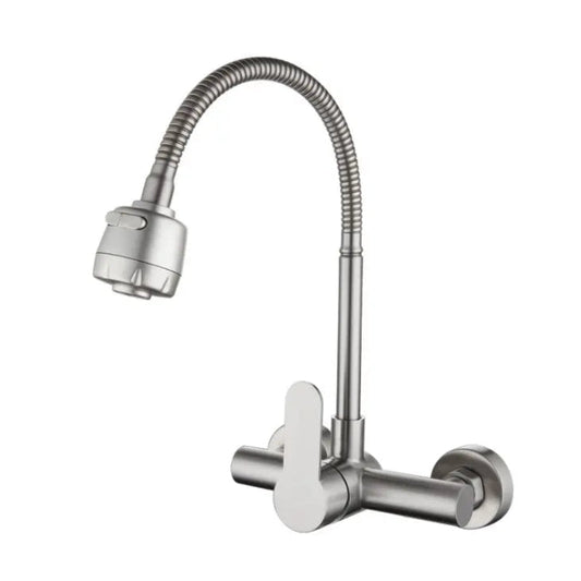 Premium 12" inches Long Neck Stainless Steel Kitchen Faucet | Hot and Cold Mixer | Wall Mount | 360° Moveable