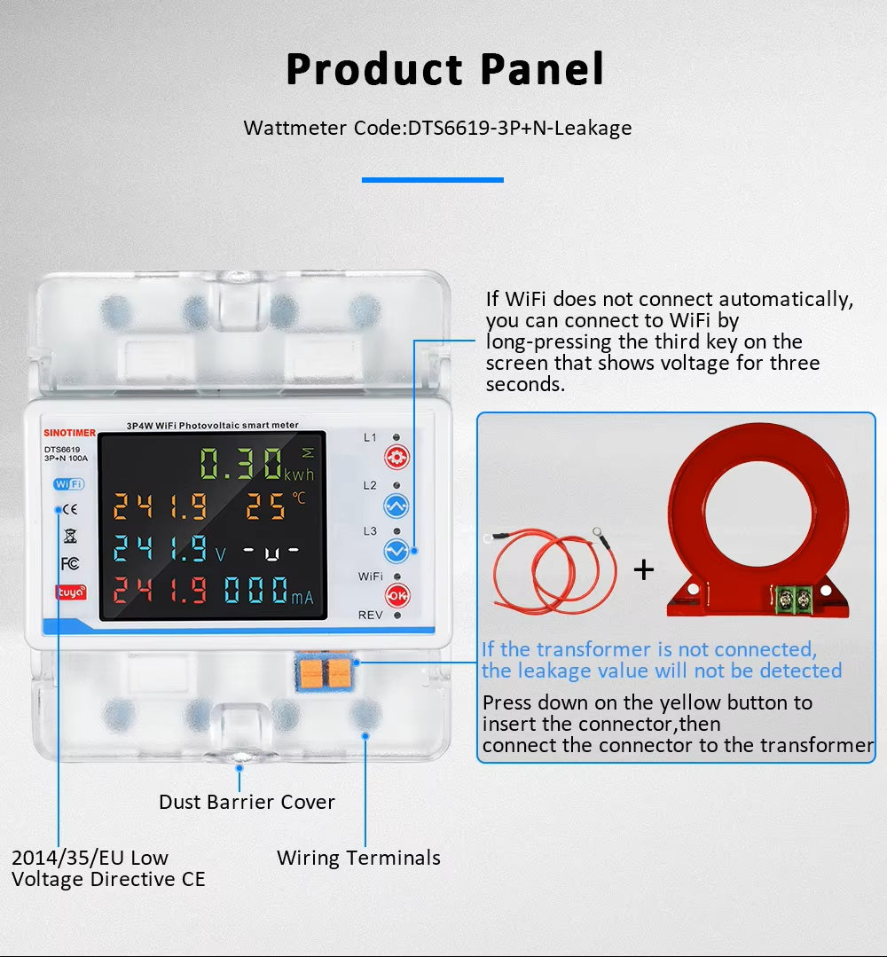 Switchora Smart WiFi Circuit Meter 4P 3 Phase 100A – Bidirectional Metering, Solar Ready, Tuya App