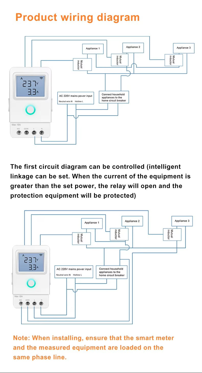 Smart Wi-Fi Energy Meter Bidirectional 3 Channel Export and Import Power with LCD