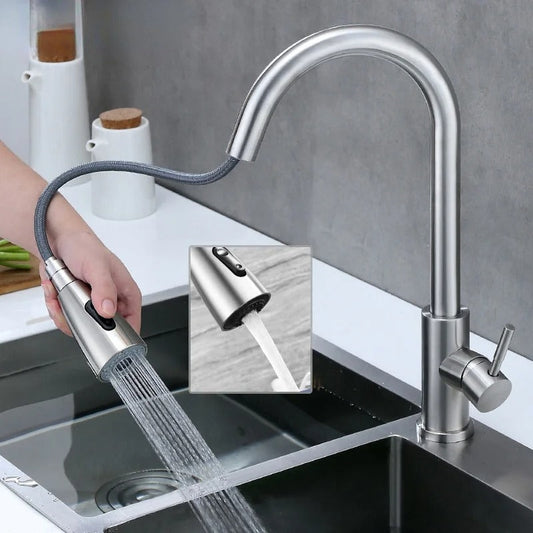 Premium 15" inches Pull Out Kitchen Faucet Stainless Steel in All Silver | Shower and Bubble Modes | Hot and Cold Mixer | Splash Proof | 360° Moveable