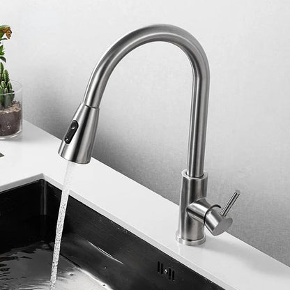 Premium 15" inches Pull Out Kitchen Faucet Stainless Steel in All Silver | Shower and Bubble Modes | Hot and Cold Mixer | Splash Proof | 360° Moveable