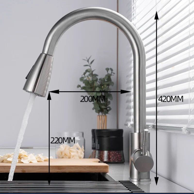 Premium 15" inches Pull Out  Kitchen Mixer in Stainless Steel Shiny Chrome | Shower and Bubble Modes | Hot and Cold | 360° Moveable