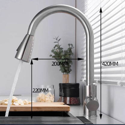 Premium 15" inches Pull Out  Kitchen Mixer in Stainless Steel Shiny Chrome | Shower and Bubble Modes | Hot and Cold | 360° Moveable