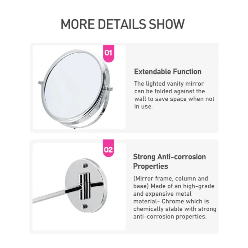 Makeup Mirror 360° Moveable for Dressers, Bathrooms | 8" inches Magnifying + Normal Dual Mirror | Wall-Mounted