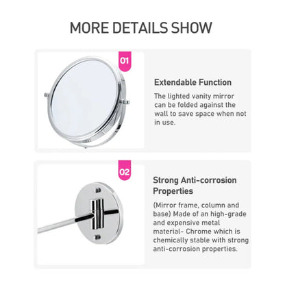 Makeup Mirror 360° Moveable for Dressers, Bathrooms | 8" inches Magnifying + Normal Dual Mirror | Wall-Mounted
