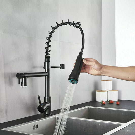 Premium 15" inches Pull Out Premium Kitchen Faucet in All Black | Hot and Cold Mixer | Pull Out Spray | 360° Moveable