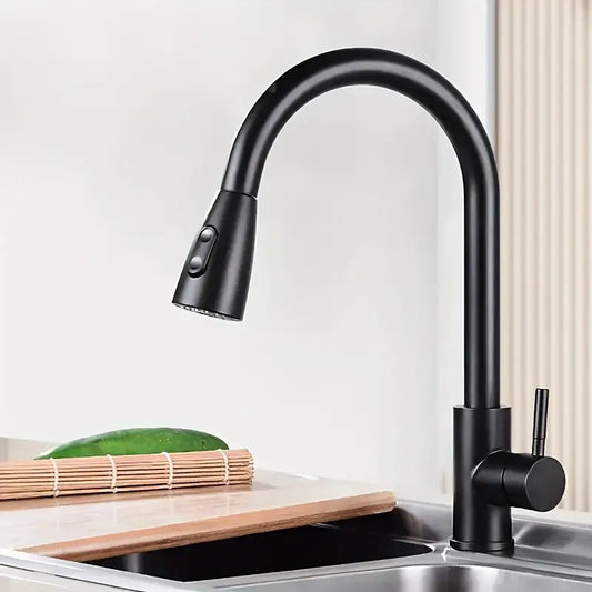 Premium 15" inches Pull Out Kitchen Faucet in Stainless Steel  All Black | Shower and Bubble Modes | Hot and Cold Mixer | Splash Proof | 360° Moveable