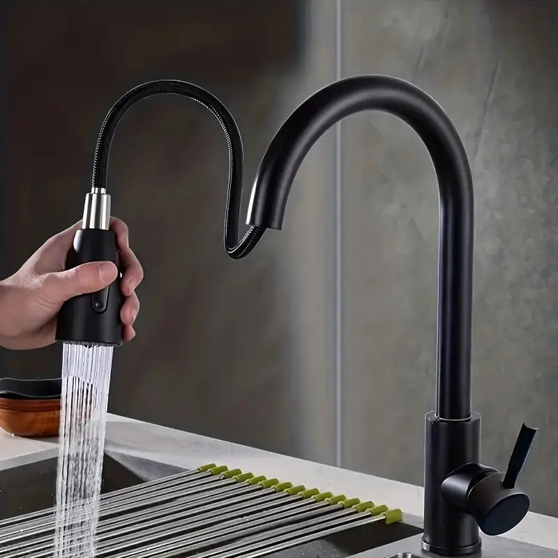 Premium 15" inches Pull Out Kitchen Faucet in Stainless Steel  All Black | Shower and Bubble Modes | Hot and Cold Mixer | Splash Proof | 360° Moveable